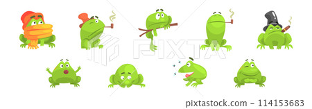 Funny Green Frog Character Engaged in Different Activity Vector Set 114153683