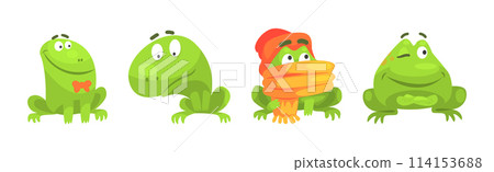 Funny Green Frog Character Engaged in Different Activity Vector Set 114153688