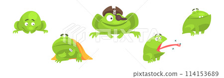 Funny Green Frog Character Engaged in Different Activity Vector Set 114153689