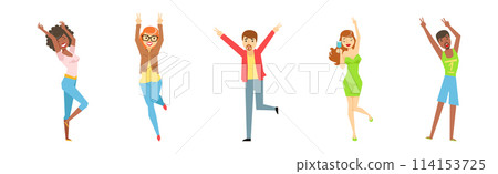 Cheerful Man and Woman Character Celebrate Something Vector Set Cheerful Man and Woman Character Celebrate Something Vector Set 114153725