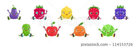 Funny Fruit and Vegetable Sit with Smiling Face Vector Set Funny Fruit and Vegetable Sit with Smiling Face Vector Set 114153726