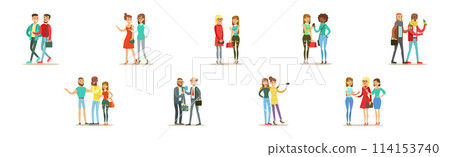 Young Man and Woman Friends Spend Time Together Vector Set 114153740