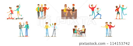 Young Man and Woman Friends Spend Time Together Vector Set Young Man and Woman Friends Spend Time Together Vector Set 114153742
