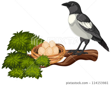 Magpie Standing Beside Nest with Eggs Magpie Standing Beside Nest with Eggs 114153981