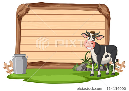 Happy Cow on Farm with Wooden Sign Happy Cow on Farm with Wooden Sign 114154000