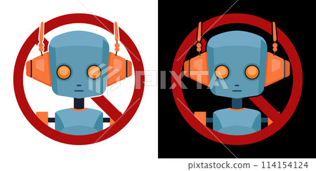 Set of vector cartoon robots in prohibition sign an white and black background. Restrictions on the use of artificial intelligence. Set of vector cartoon robots in prohibition sign an white and black background. Restrictions on the use of artificial intelligence. 114154124