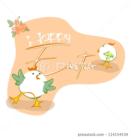 Happy Easter greeting card with cute chickens and bunny. Animal wildlife holiday cartoon character. Vector Happy Easter greeting card with cute chickens and bunny. Animal wildlife holiday cartoon character. Vector 114154539