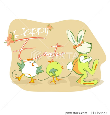 Happy Easter greeting card with cute chickens and bunny. Animal wildlife holiday cartoon character. Vector Happy Easter greeting card with cute chickens and bunny. Animal wildlife holiday cartoon character. Vector 114154545