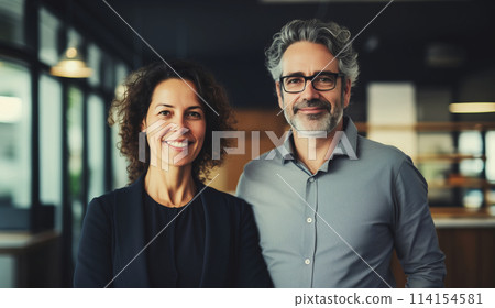 Two business people standing together in an office wearing business suit and looking at camera 114154581