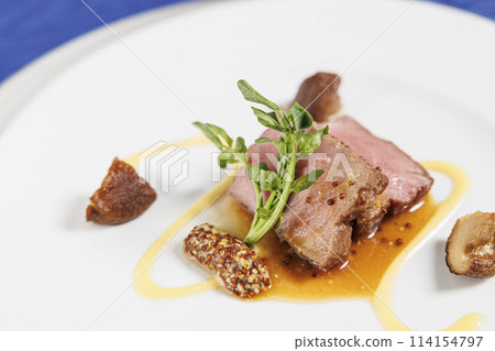 Main beef steak of the French course, fashionable presentation stock image 114154797