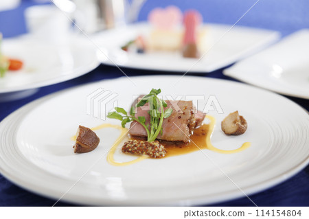 Main beef steak of the French course, fashionable presentation stock image 114154804