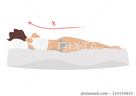 Incorrect sleeping body posture. Not healthy sleeping position spine in various mattresses and pillow. Caring for health of back, neck. Vector illustration 114154933