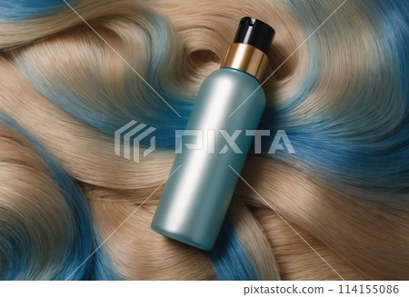 Top view of golden bottle of cosmetic product on blonde-blue curls. Hair coloring and salon professional care. Ai generation 114155086