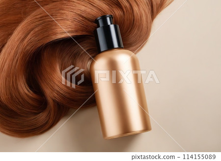 Top view of golden bottle of cosmetic product on red curls. Hair coloring and salon professional care. Ai generation Top view of golden bottle of cosmetic product on red curls. Hair coloring and salon professional care. Ai generation 114155089