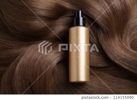 Top view of golden bottle of cosmetic product on brown curls. Hair coloring and salon professional care. Ai generation 114155090
