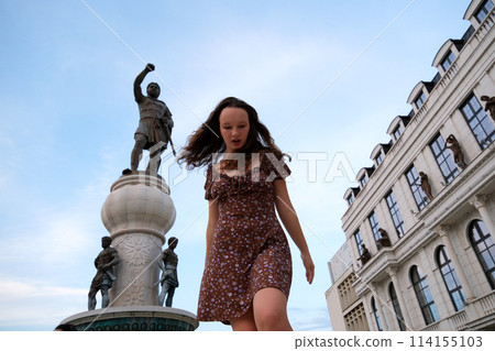 North Macedonia capital of Macedonia Skopje city attractions buildings in center of travel walk museums statues. Real life in the city autumn spring summer warm season 114155103