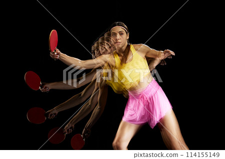 Active hobby. Young woman in colorful sportswear training, laying table tennis against black background with stroboscope effect Active hobby. Young woman in colorful sportswear training, laying table tennis against black background with stroboscope effect 114155149