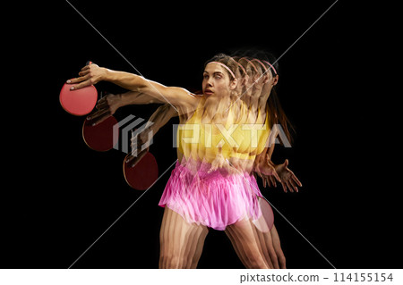 Concentrated young woman in colorful sportswear training, playing table tennis against black background with stroboscope effect 114155154