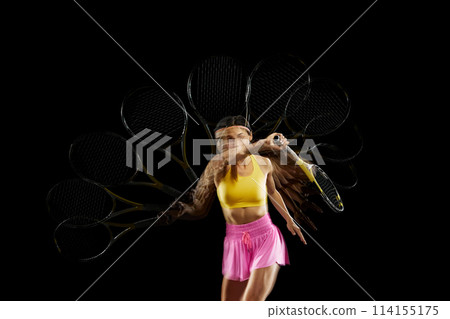 Dynamic image of concentrated young woman, tennis player in motion, training against black background with stroboscope effect Dynamic image of concentrated young woman, tennis player in motion, training against black background with stroboscope effect 114155175