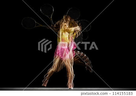 Dynamic image of concentrated young woman, tennis player in motion, training against black background with stroboscope effect Dynamic image of concentrated young woman, tennis player in motion, training against black background with stroboscope effect 114155183
