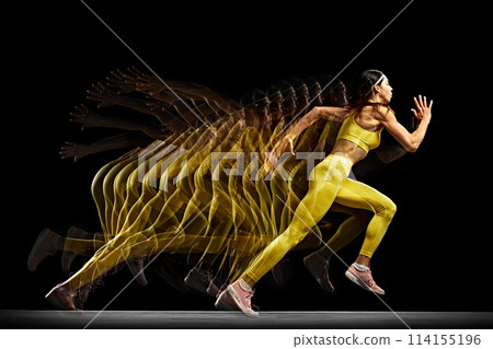 Concentrated and focused woman, athlete in motion, running, training against black background with stroboscope effect Concentrated and focused woman, athlete in motion, running, training against black background with stroboscope effect 114155196