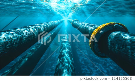 Underwater scene with sun rays penetrating blue waters and highlighting pipeline. Industrial marine background. Ocean exploration concept. AI Underwater scene with sun rays penetrating blue waters and highlighting pipeline. Industrial marine background. Ocean exploration concept. AI 114155568