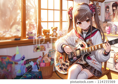 可愛的女孩在房間裡彈電吉他 [AI 生成圖像] 114155569