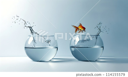 Golden Fish Leaping Between Two Fishbowls, Concept of Freedom and Aspiration. Modern Minimalistic Style Image for Various Uses. Creative Visual Metaphor with Copy Space. AI 114155579
