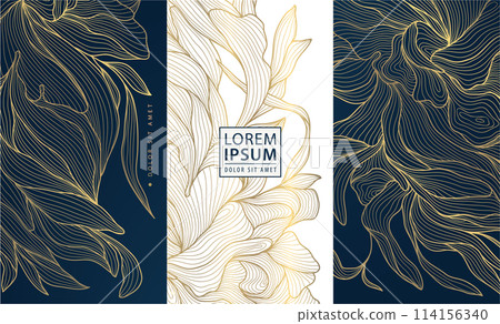 Vector set of floral gold backgrounds, leaf pattern. Use for perfume, box package, wedding design, spa, jewelry, wine, tea. Elegant vintage flower ornament. 114156340