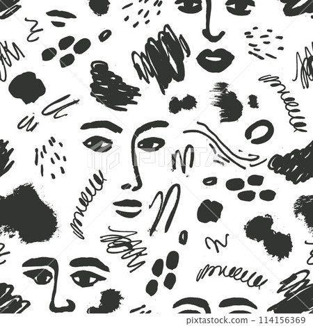 Vector face abstract art seamless pattern. Woman fashion print with ink spots, hand drawn textures. Modern creative beauty sketch, black and white. 114156369