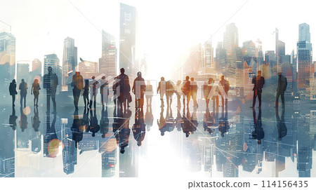 AI-generated item. Silhouettes of business people and modern city background. Double exposure.	 114156435