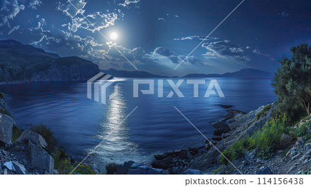 AI-generated item. Beautiful panoramic night landscape of the sea.	 114156438
