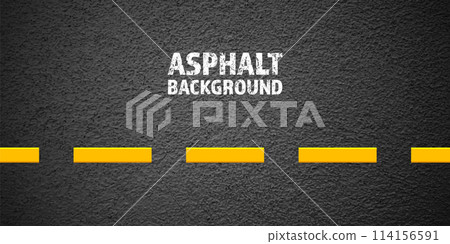 Asphalt road with yellow lane marking, concrete highway surface, texture. Street traffic line, road dividing strip. Pattern with grainy structure, grunge stone background. Vector illustration 114156591