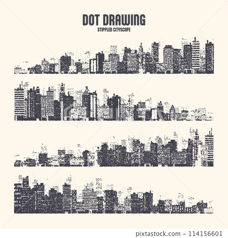 Stippled city silhouettes. Cityscape, town skyline. Midtown, downtown with buildings, houses and skyscrapers. Stippling, dot drawing and shading, stipple pattern, halftone effect. Vector illustration 114156601