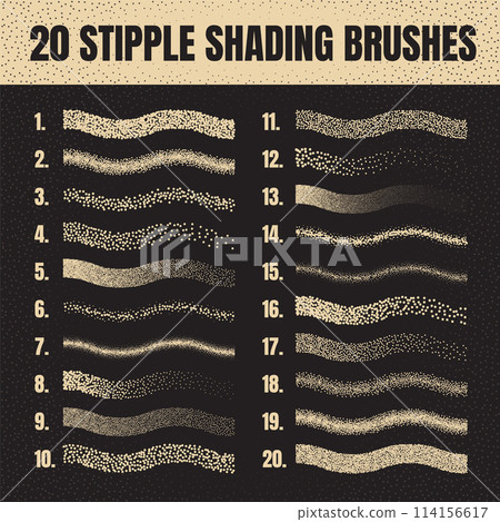 Stipple scatter brush, ink drawing and texturing. Fading gradient. Stippling, dotwork drawing, shading using dots. Halftone disintegration effect. White noise grainy texture. Vector illustration 114156617