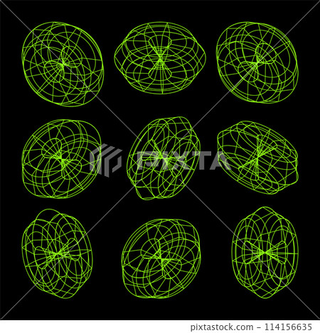 Wireframe lined shapes. Perspective mesh, 3d grid. Low poly geometric elements. Retro futuristic design elements, y2k, vaporwave and synthwave style. Vector illustration Wireframe lined shapes. Perspective mesh, 3d grid. Low poly geometric elements. Retro futuristic design elements, y2k, vaporwave and synthwave style. Vector illustration 114156635