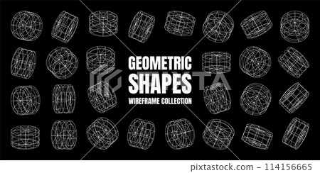Wireframe lined shapes. Perspective mesh, 3d grid. Low poly geometric elements. Retro futuristic design elements, y2k, vaporwave and synthwave style. Vector illustration 114156665