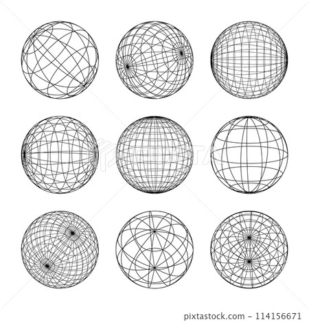 Wireframe shapes, lined sphere. Perspective mesh, 3d grid. Low poly geometric elements. Retro futuristic design elements, y2k, vaporwave and synthwave style. Vector illustration 114156671