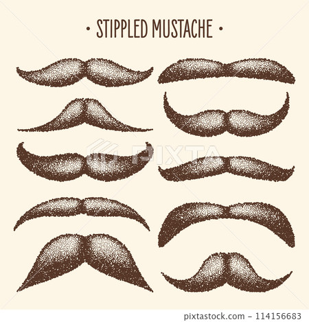 Brown stippled vintage mustache. Curly facial hair. Hipster beard. Stippling, dot drawing and shading, stipple pattern, halftone effect. Vector illustration Brown stippled vintage mustache. Curly facial hair. Hipster beard. Stippling, dot drawing and shading, stipple pattern, halftone effect. Vector illustration 114156683