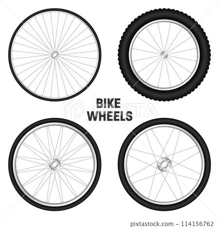 Realistic 3d bicycle wheels. Bike rubber tyres, shiny metal spokes and rims. Fitness cycle, touring, sport, road and mountain bike. Vector illustration Realistic 3d bicycle wheels. Bike rubber tyres, shiny metal spokes and rims. Fitness cycle, touring, sport, road and mountain bike. Vector illustration 114156762
