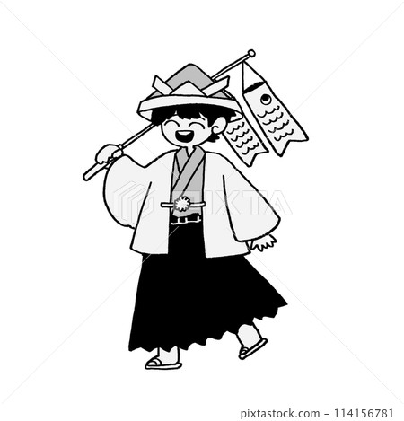 A boy in a kimono wearing a helmet and holding a carp streamer A boy in a kimono wearing a helmet and holding a carp streamer 114156781