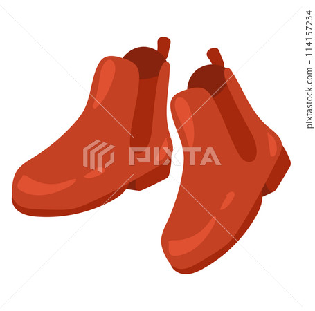Female red boots in flat design. Stylish seasonal women footwear pair. Vector illustration isolated. 114157234