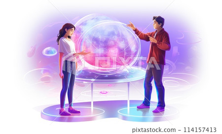 Holographic displays cartoon illustration - Generative AI. Holographic, sphere, man, woman. Holographic displays cartoon illustration - Generative AI. Holographic, sphere, man, woman. 114157413