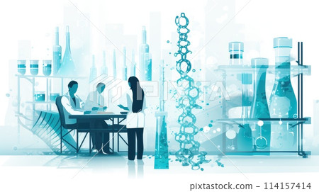 Genetic engineering lab scientists cartoon illustration - Generative AI. Scientists, laboratory, man, woman. Genetic engineering lab scientists cartoon illustration - Generative AI. Scientists, laboratory, man, woman. 114157414