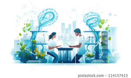 Genetic engineering lab scientists cartoon illustration - Generative AI. Scientists, laboratory, man, woman. Genetic engineering lab scientists cartoon illustration - Generative AI. Scientists, laboratory, man, woman. 114157415