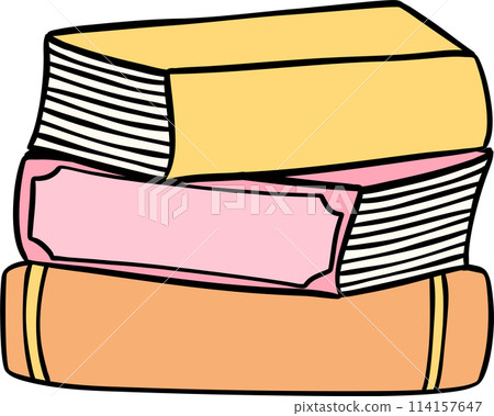 Retro groovy pile of books school supplies back to school doodle drawing Retro groovy pile of books school supplies back to school doodle drawing 114157647