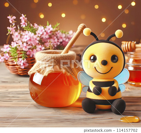 Photo of a cheerful bee near a brown pot of honey, a sign with the inscription "Bee Day" 114157702