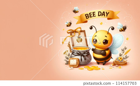Photo of a cheerful bee near a brown pot of honey, a sign with the inscription "Bee Day" 114157703
