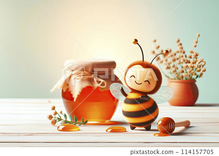 Photo of a cheerful bee near a brown pot of honey, a sign with the inscription "Bee Day" 114157705