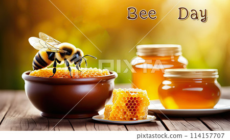 Cheerful bees near a brown pot of honey, honeycomb on a plate, concept for "Bee Day" 114157707
